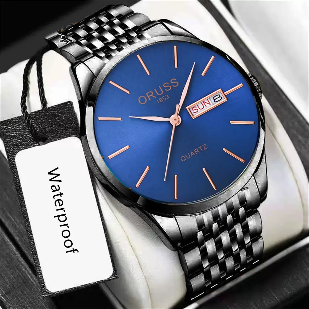 ORUSS Men Black Quartz Watch Blue Dial Day Date Display Stainless Steel Band Business Wristwatch