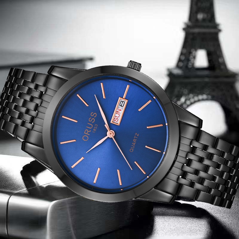 ORUSS Men Black Quartz Watch Blue Dial Day Date Display Stainless Steel Band Business Wristwatch