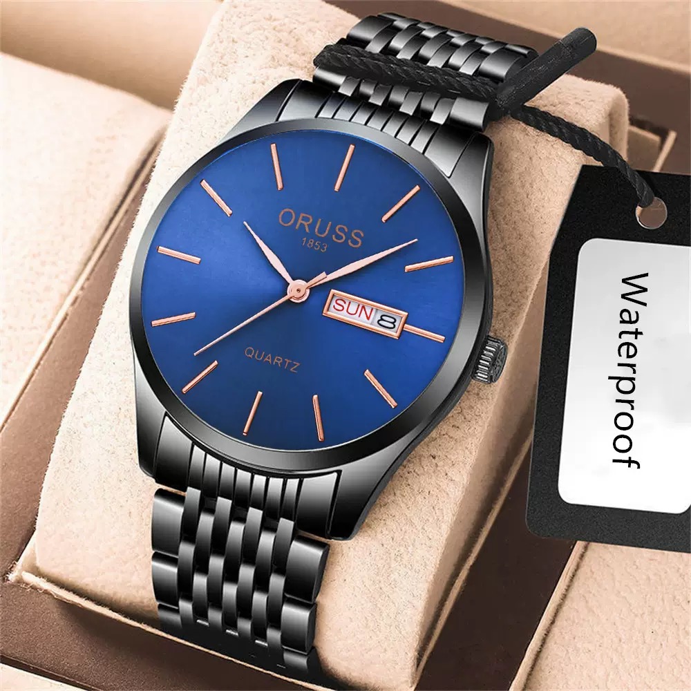 ORUSS Men Black Quartz Watch Blue Dial Day Date Display Stainless Steel Band Business Wristwatch