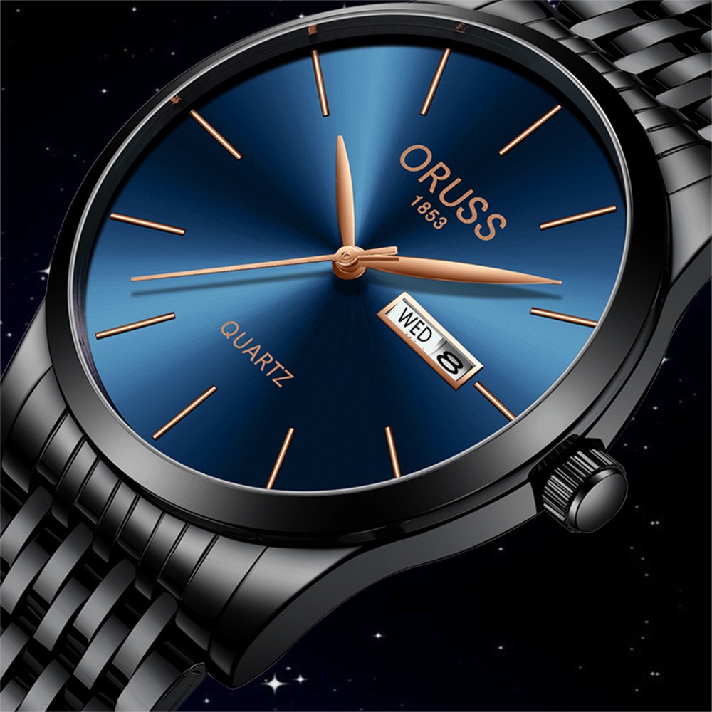 ORUSS Men Black Quartz Watch Blue Dial Day Date Display Stainless Steel Band Business Wristwatch