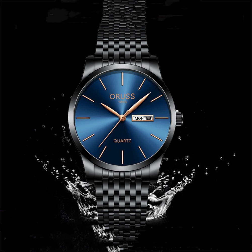ORUSS Men Black Quartz Watch Blue Dial Day Date Display Stainless Steel Band Business Wristwatch