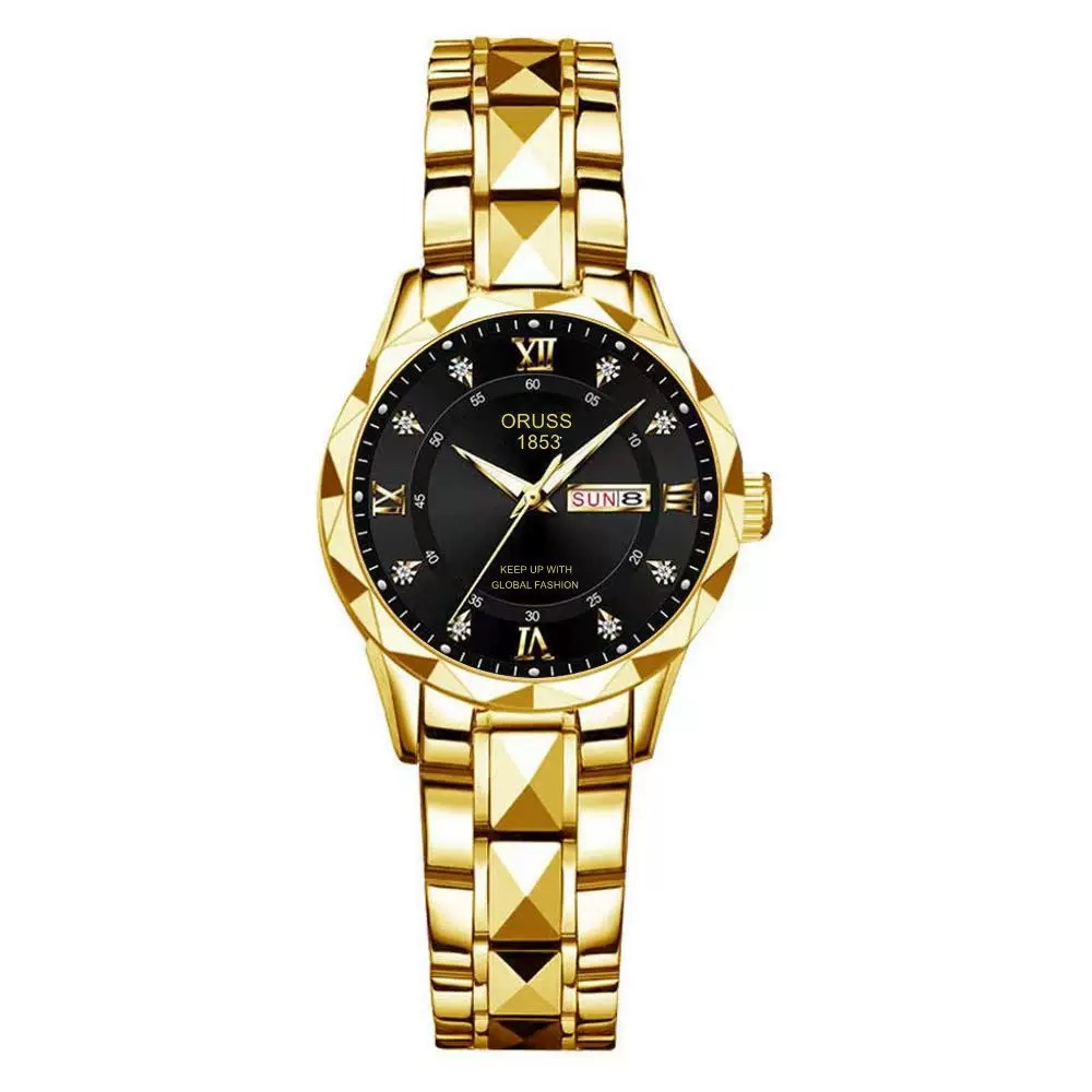 ORUSS Women Two Tone Quartz Watch Rhinestone Dial Day Date Display Stainless Steel Band Elegant Wristwatch