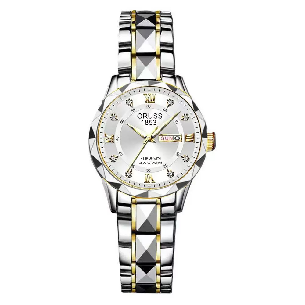 ORUSS Women Two Tone Quartz Watch Rhinestone Dial Day Date Display Stainless Steel Band Elegant Wristwatch