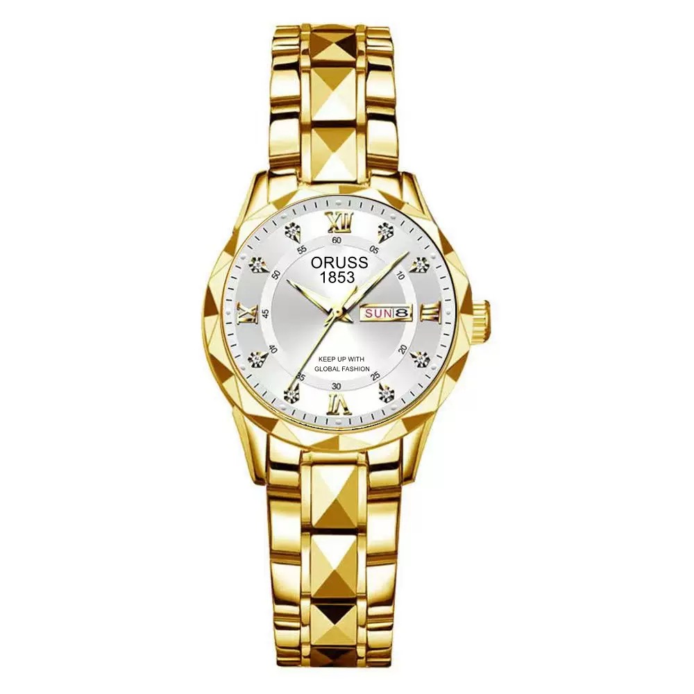 ORUSS Women Two Tone Quartz Watch Rhinestone Dial Day Date Display Stainless Steel Band Elegant Wristwatch
