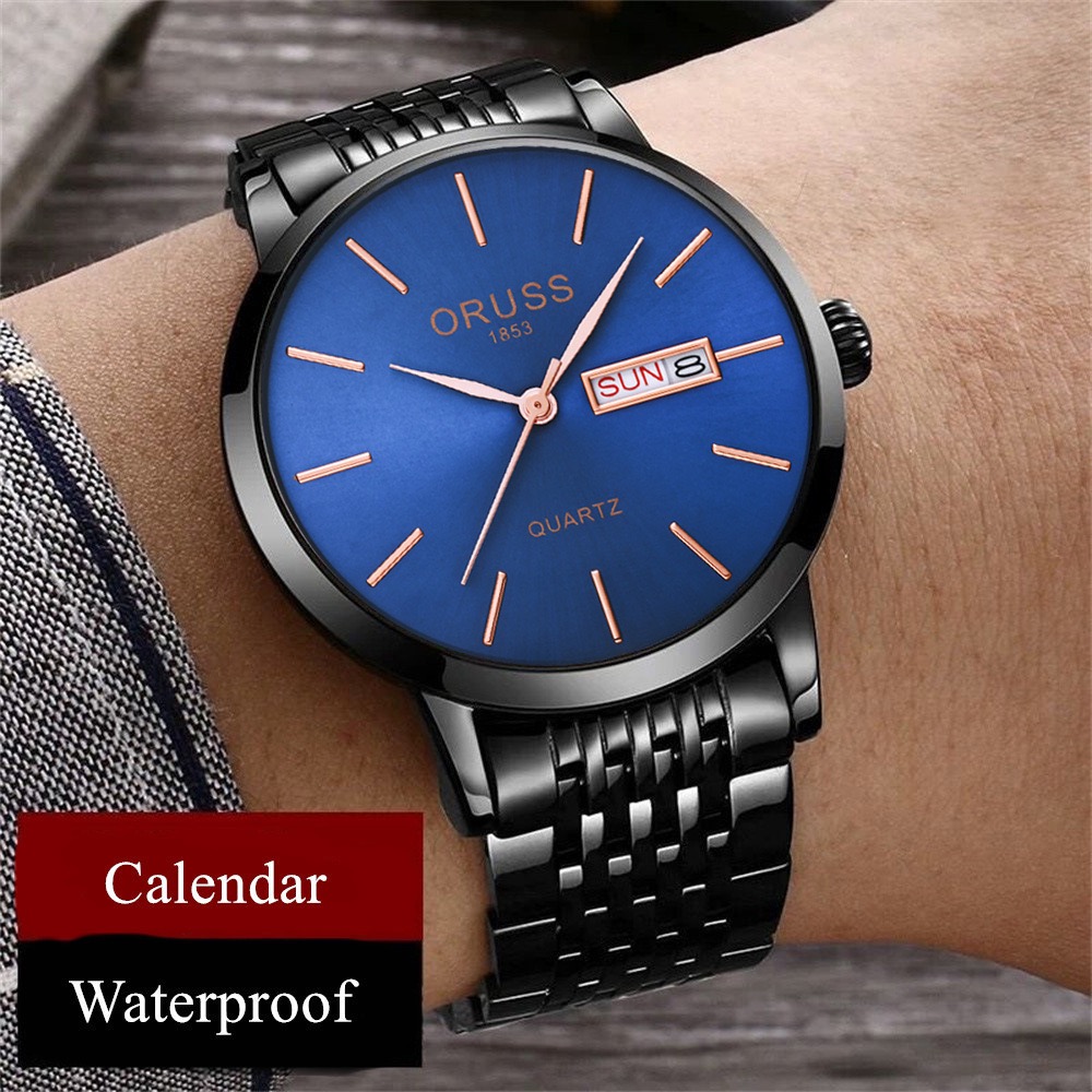 ORUSS Men Black Quartz Watch Blue Dial Day Date Display Stainless Steel Band Business Wristwatch