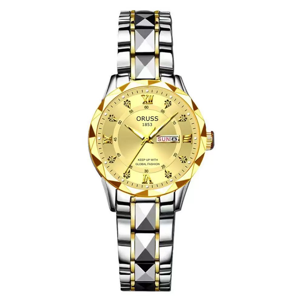ORUSS Women Two Tone Quartz Watch Rhinestone Dial Day Date Display Stainless Steel Band Elegant Wristwatch