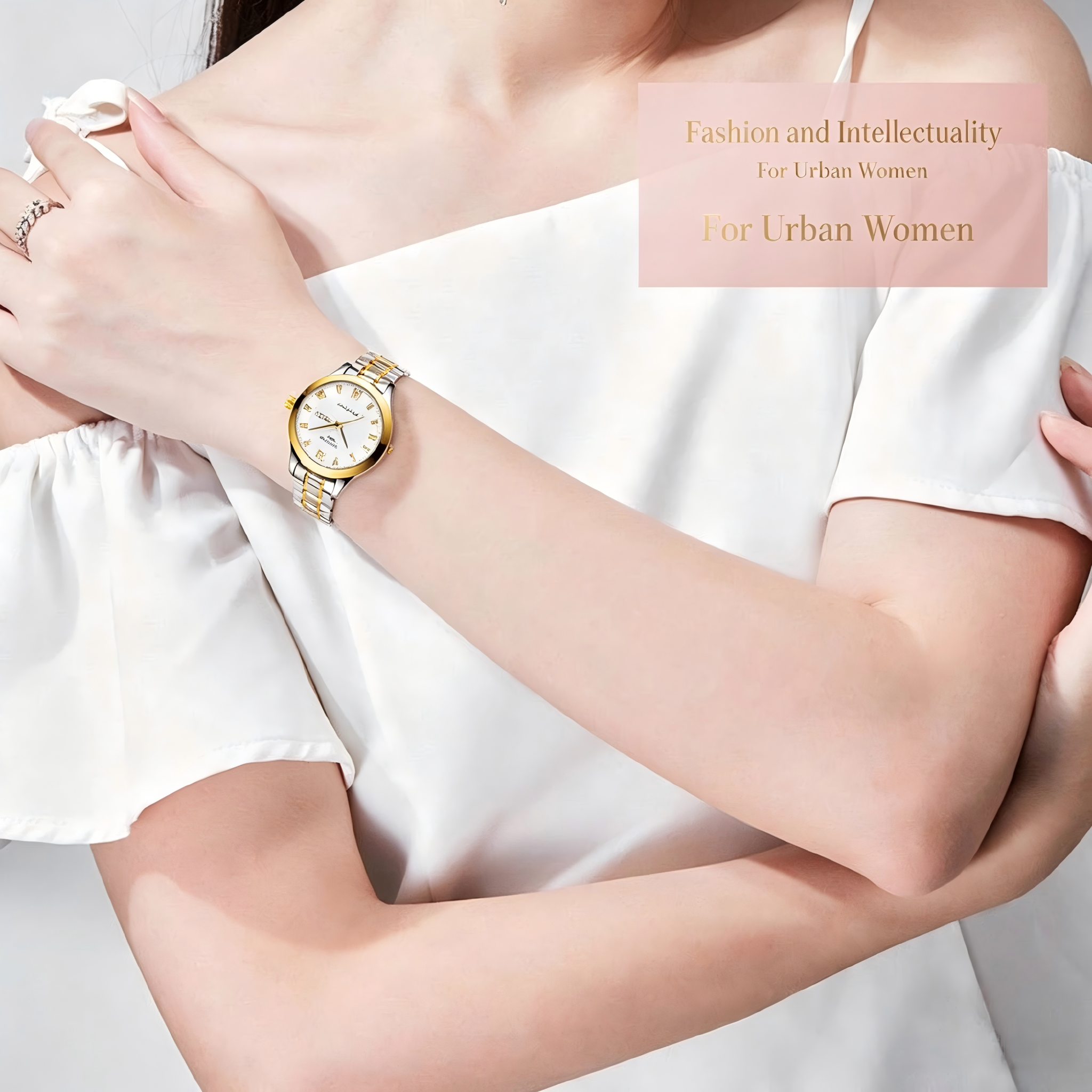 ORUSS 1853 Two-Tone Stainless Steel Women Quartz Watch, White Textured Dial Crystal Markers Day Date Ladies Dress Wrist Watch Gift Set With Original Brand Gift Box