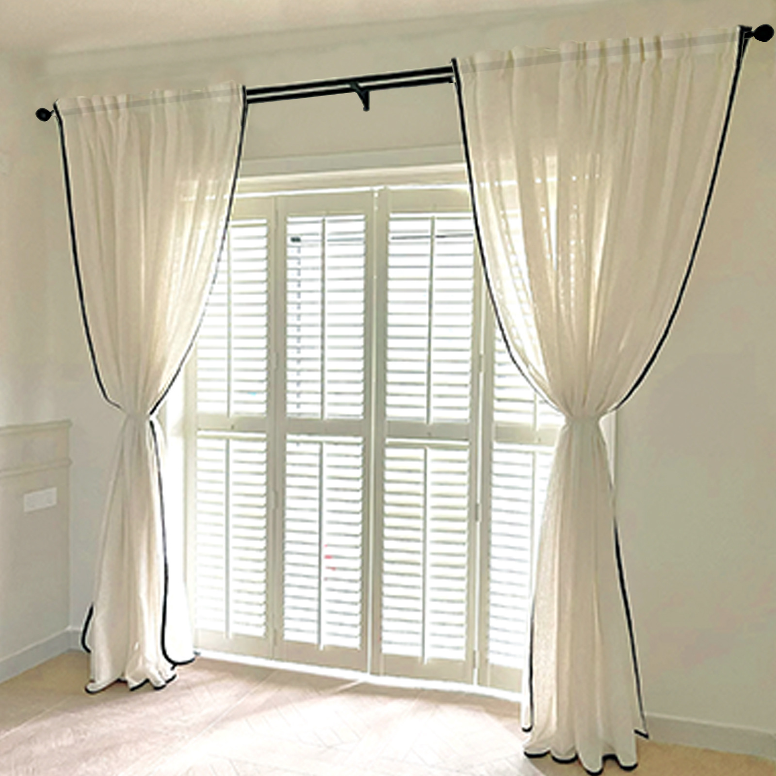 1 piece French-Style Plain Linen Gauze Sheer Curtains with Blackout Borde，Imitation hemp texture，Looming, protecting privacy