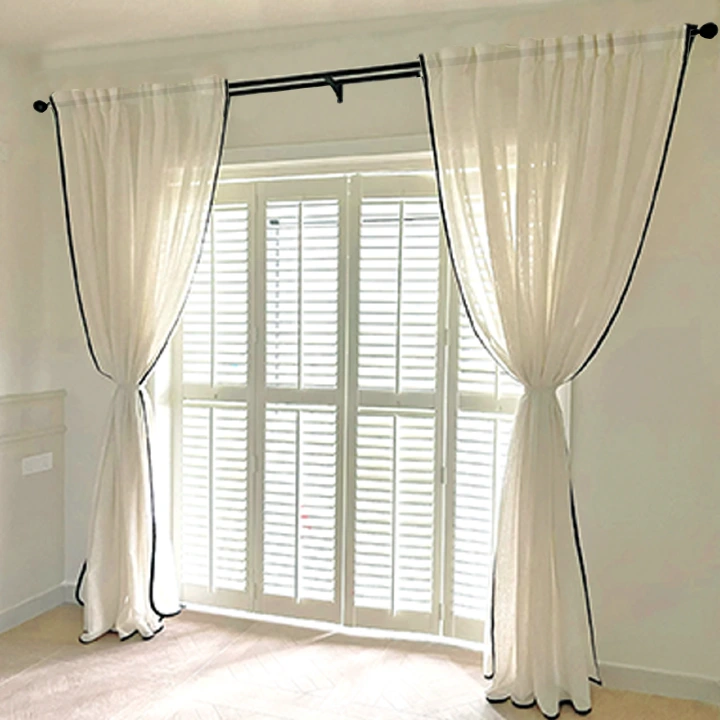 1 piece French-Style Plain Linen Gauze Sheer Curtains with Blackout Borde，Imitation hemp texture，Looming, protecting privacy
