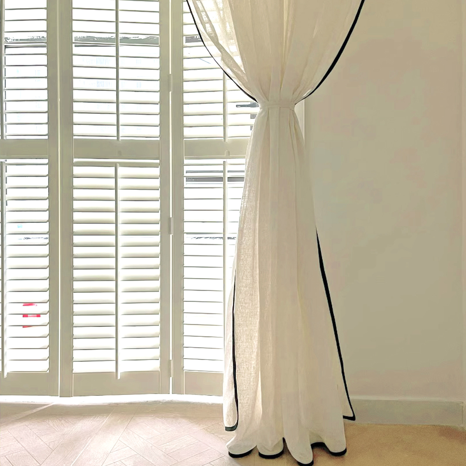 1 piece French-Style Plain Linen Gauze Sheer Curtains with Blackout Borde，Imitation hemp texture，Looming, protecting privacy