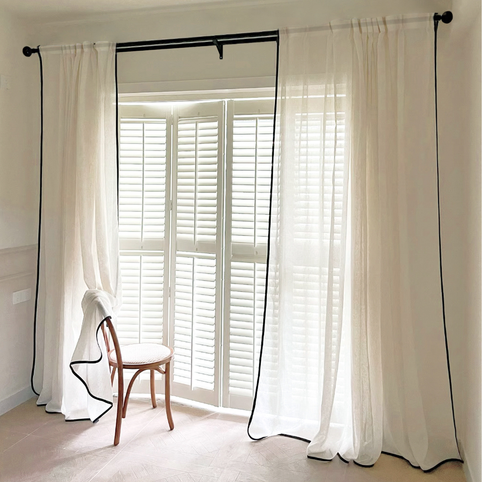 1 piece French-Style Plain Linen Gauze Sheer Curtains with Blackout Borde，Imitation hemp texture，Looming, protecting privacy