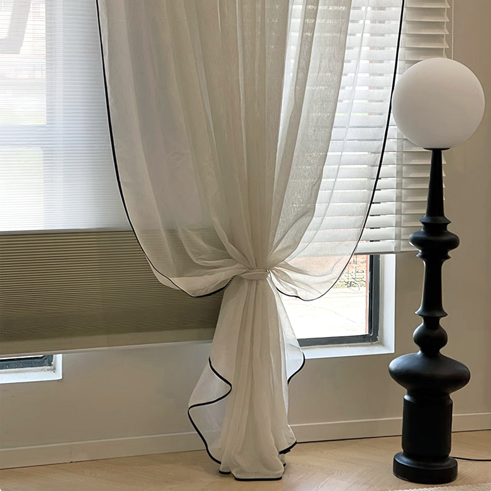 1 piece French-Style Plain Linen Gauze Sheer Curtains with Blackout Borde，Imitation hemp texture，Looming, protecting privacy