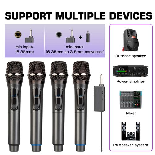 4 Channel UHF Wireless Microphone System Hand-held Dynamic Mic with 5 x 1200mAh Rechargeable Receiver for Karaoke PA DJ Party