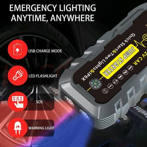 Car Jumpstarter Powerful Jump Starter 12 Volt Battery Booster 2000A Power Bank Auto Cables Emergency Tool Battery Jumper Pack Compass