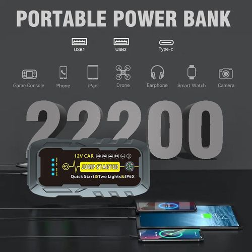 Car Jumpstarter Powerful Jump Starter 12 Volt Battery Booster 2000A Power Bank Auto Cables Emergency Tool Battery Jumper Pack Compass