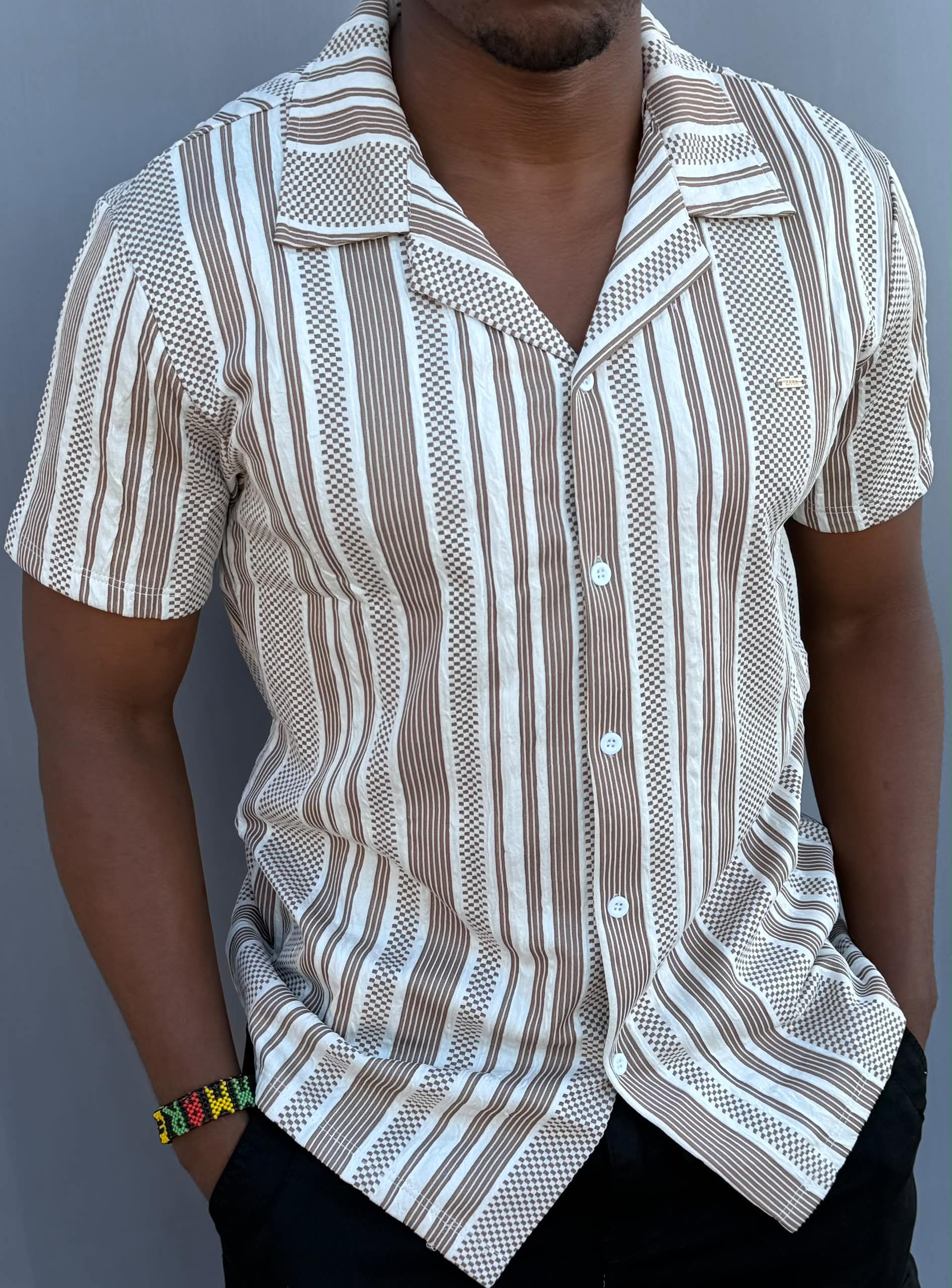 New Arrival Premium Quality Men's Boutique Short Sleeved Striped Camp Collar Shirts; Non-Fade Fabric Cuban Men's Clothing /Men's Shirts