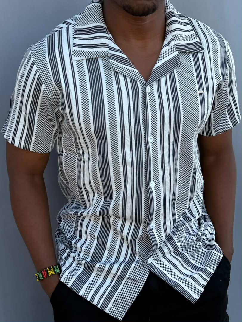 New Arrival Premium Quality Men's Boutique Short Sleeved Striped Camp Collar Shirts; Non-Fade Fabric Cuban Men's Clothing /Men's Shirts