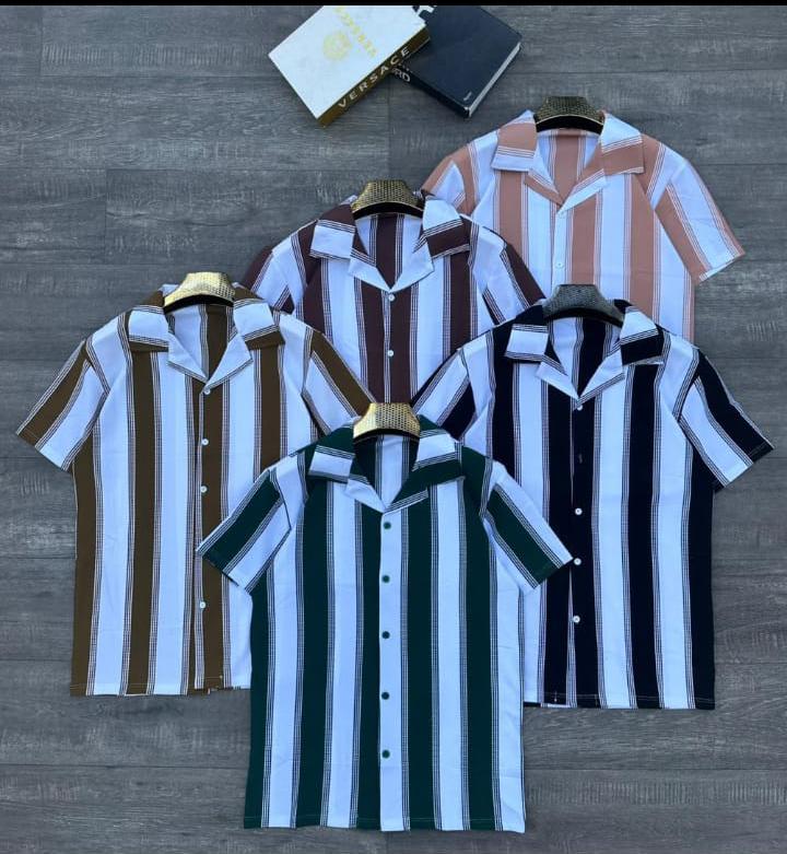 Men's Premium Striped Cuban Collar Boutique Shirts; New Arrival  Short Sleeved Breathable Cuban Shirts /Non-Fade Fabric Men's Clothing /Men's Shirts