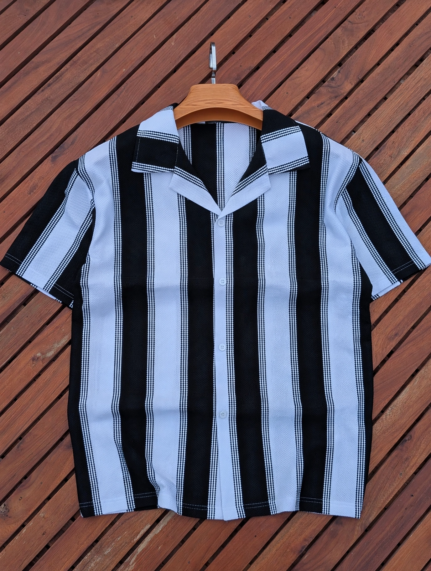 Men's Premium Striped Cuban Collar Boutique Shirts; New Arrival  Short Sleeved Breathable Cuban Shirts /Non-Fade Fabric Men's Clothing /Men's Shirts