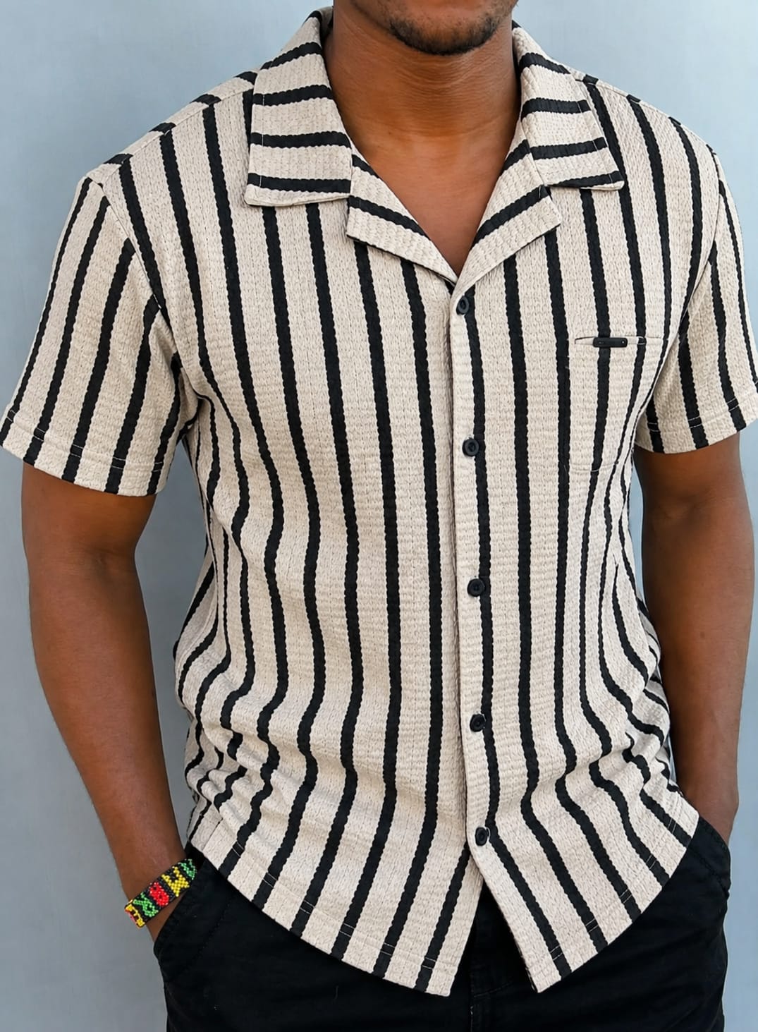 Men's Premium Striped Cuban Collar Boutique Shirts; New Arrival  Short Sleeved Breathable Cuban Shirts /Non-Fade Fabric Men's Clothing /Men's Shirts
