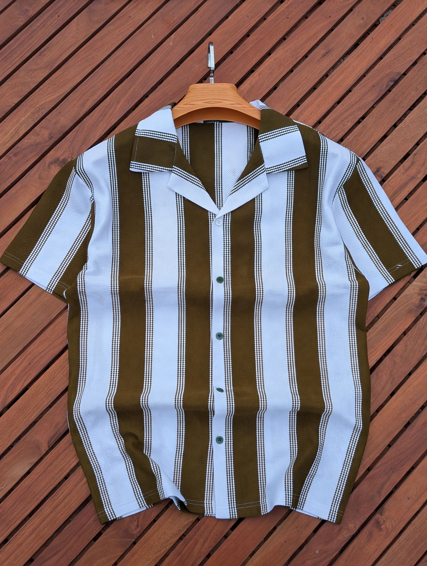 Men's Premium Striped Cuban Collar Boutique Shirts; New Arrival  Short Sleeved Breathable Cuban Shirts /Non-Fade Fabric Men's Clothing /Men's Shirts