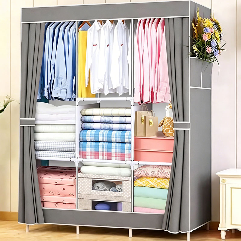 [Gift] Jaza Keja 105cm Portable 3 Columns Wardrobe Closet Clothes Metallic Organizer Non-Woven Fabric Cover with 6 Storage Shelves 2 Hanging Sections