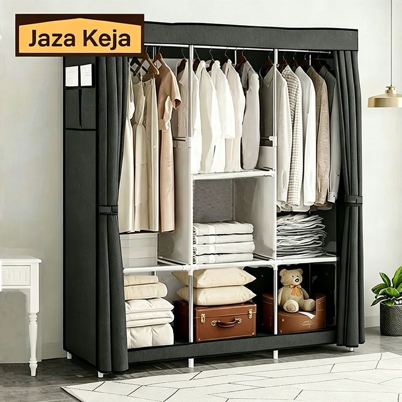 [Gift] Jaza Keja 105cm Portable 3 Columns Wardrobe Closet Clothes Metallic Organizer Non-Woven Fabric Cover with 6 Storage Shelves 2 Hanging Sections