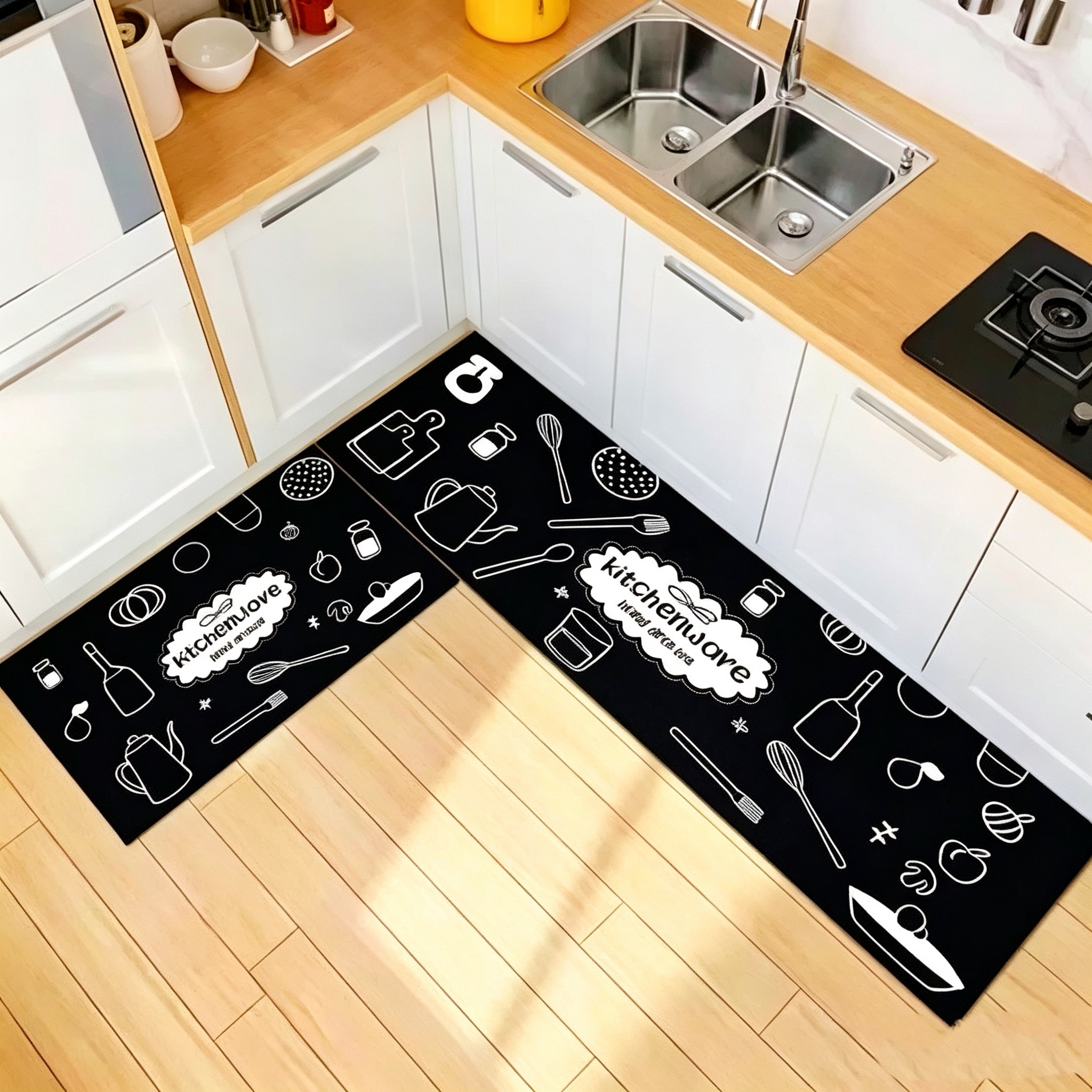 2PCS Black White Kitchenware Kitchen Rules Bakery Non Slip Absorbent Washable Kitchen Rugs Anti Fatigue Kitchen Mats Rugs Sets Floor Mats, Home Indoor Runner Carpet