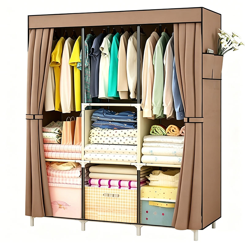 [Gift] Jaza Keja 105cm Portable 3 Columns Wardrobe Closet Clothes Metallic Organizer Non-Woven Fabric Cover with 6 Storage Shelves 2 Hanging Sections
