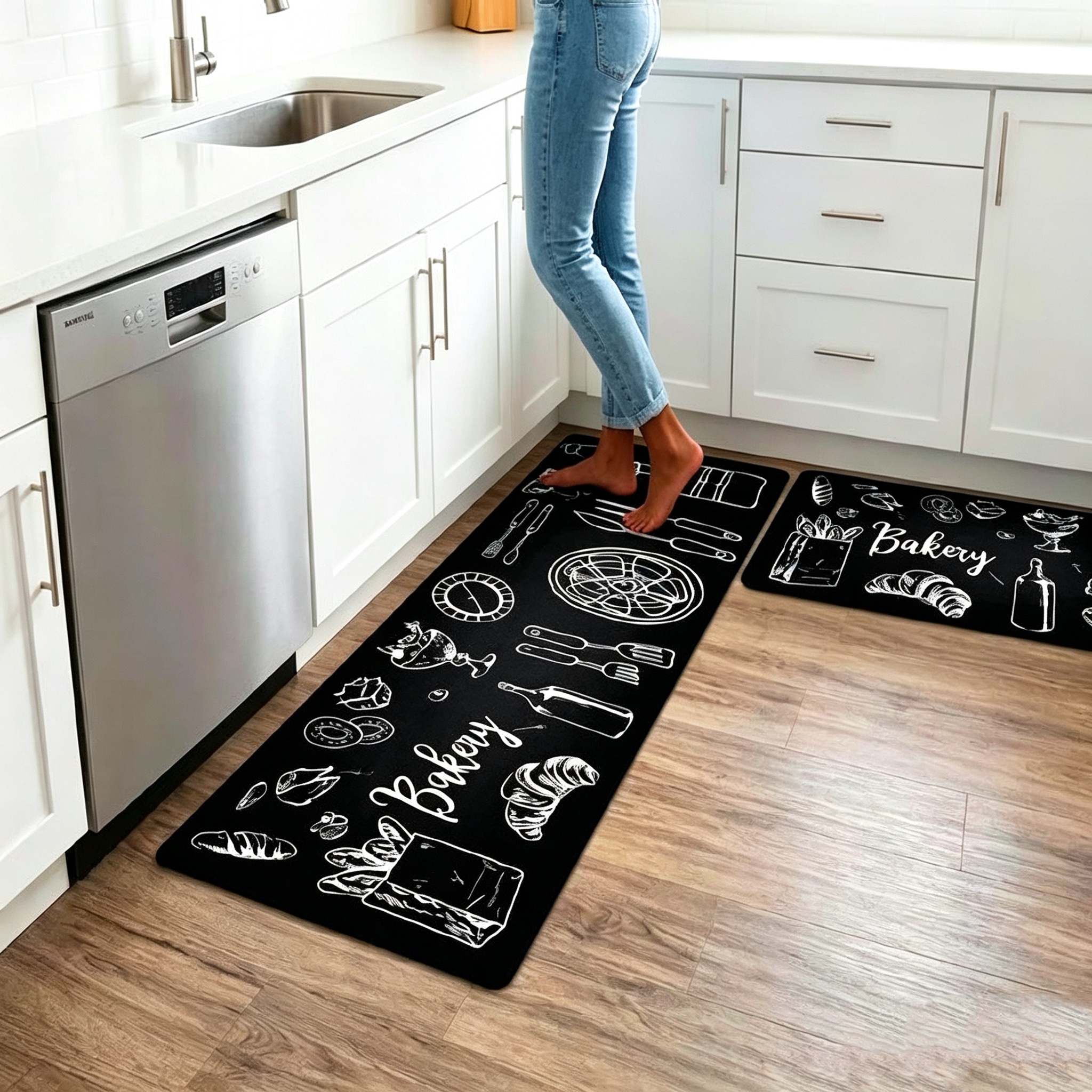 2PCS Black White Kitchenware Kitchen Rules Bakery Non Slip Absorbent Washable Kitchen Rugs Anti Fatigue Kitchen Mats Rugs Sets Floor Mats, Home Indoor Runner Carpet