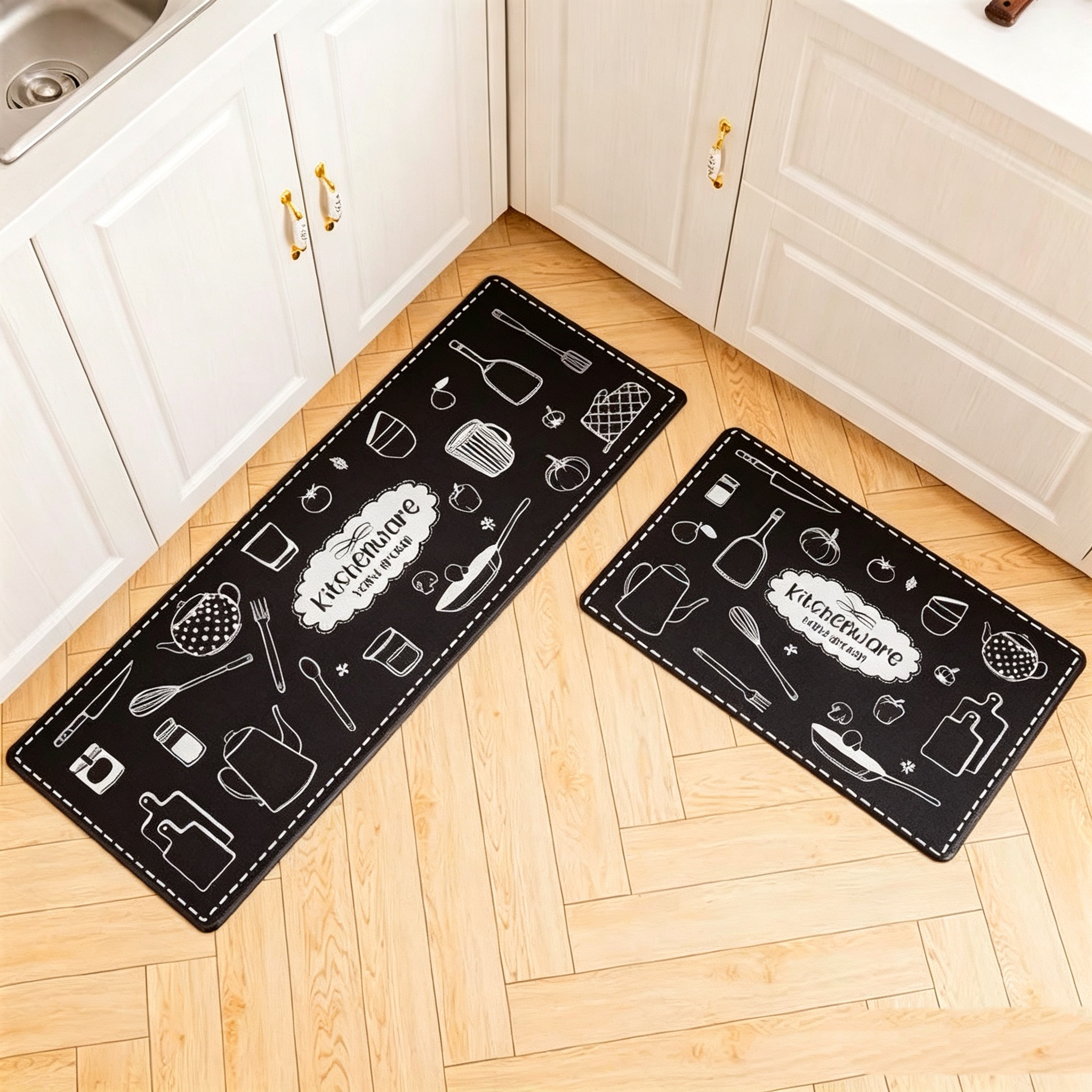 2PCS Black White Kitchenware Kitchen Rules Bakery Non Slip Absorbent Washable Kitchen Rugs Anti Fatigue Kitchen Mats Rugs Sets Floor Mats, Home Indoor Runner Carpet