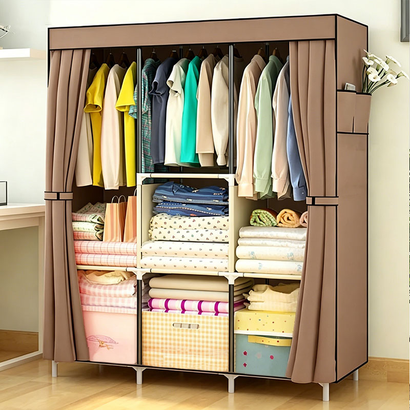 [Gift] Jaza Keja 105cm Portable 3 Columns Wardrobe Closet Clothes Metallic Organizer Non-Woven Fabric Cover with 6 Storage Shelves 2 Hanging Sections