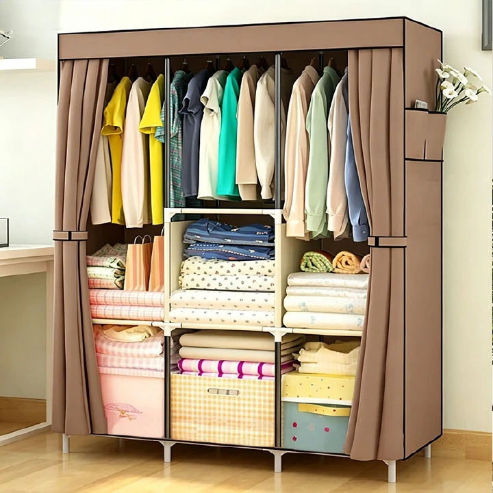 [Gift] Jaza Keja 105cm Portable 3 Columns Wardrobe Closet Clothes Metallic Organizer Non-Woven Fabric Cover with 6 Storage Shelves 2 Hanging Sections