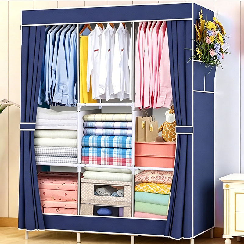 [Gift] Jaza Keja 105cm Portable 3 Columns Wardrobe Closet Clothes Metallic Organizer Non-Woven Fabric Cover with 6 Storage Shelves 2 Hanging Sections
