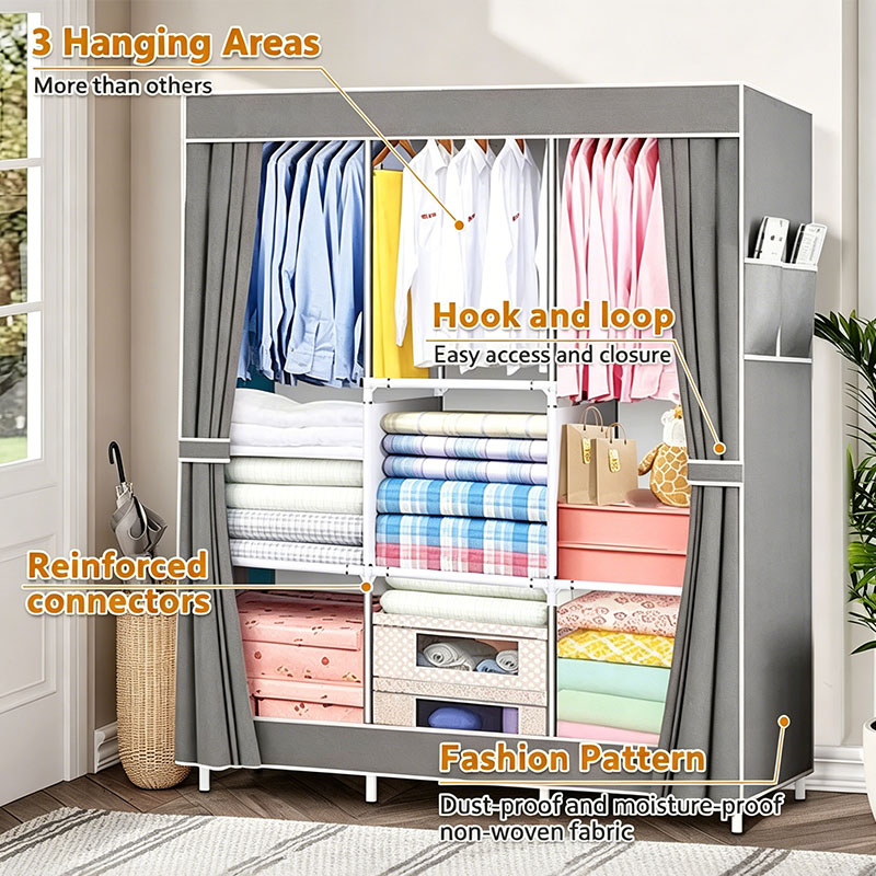 [Gift] Jaza Keja 105cm Portable 3 Columns Wardrobe Closet Clothes Metallic Organizer Non-Woven Fabric Cover with 6 Storage Shelves 2 Hanging Sections