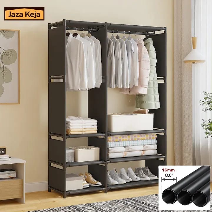 Jaza Keja 2 Columns Clothes 16mm Thick Steel Pipe Heavy-Duty Metallic Portable Premium Wardrobe Garment Rack Shoes Hat Integrated Clothes Closet Drying Rack Storage Shelf Home Organizer