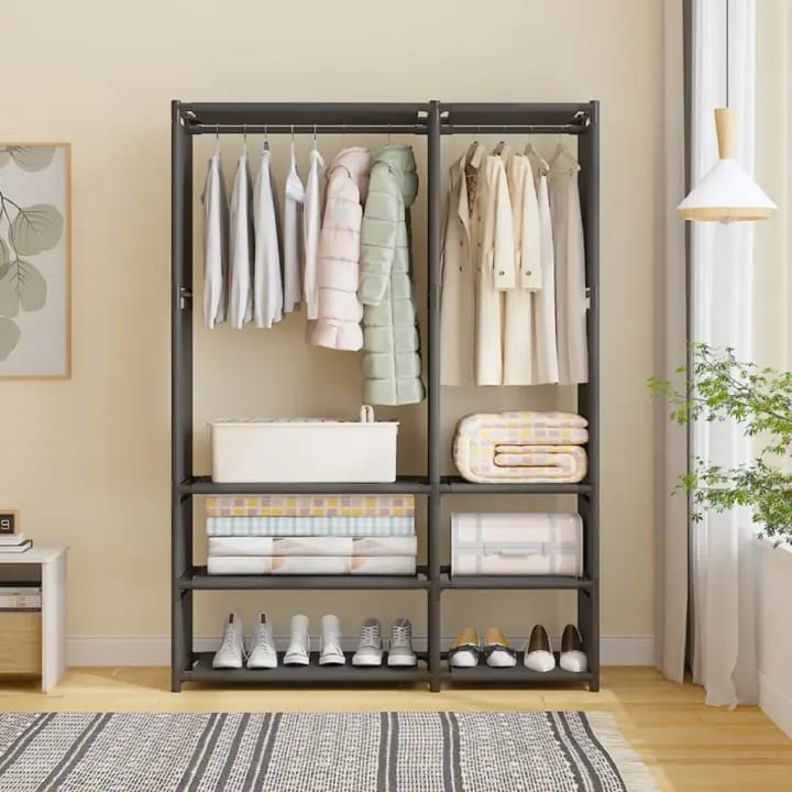 Jaza Keja 2 Columns Clothes 16mm Thick Steel Pipe Heavy-Duty Metallic Portable Premium Wardrobe Garment Rack Shoes Hat Integrated Clothes Closet Drying Rack Storage Shelf Home Organizer