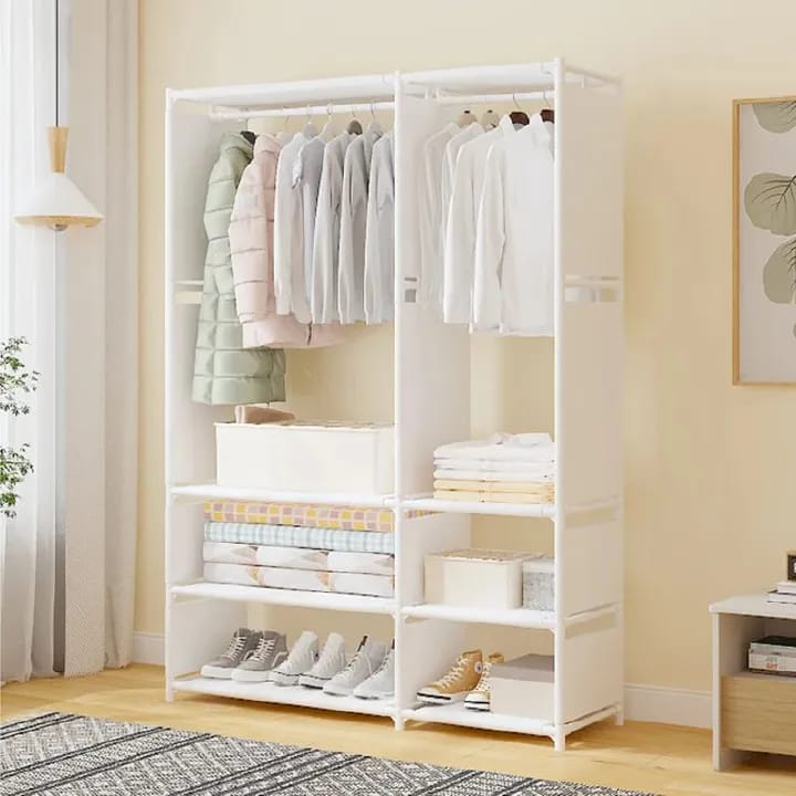 Jaza Keja 2 Columns Clothes 16mm Thick Steel Pipe Heavy-Duty Metallic Portable Premium Wardrobe Garment Rack Shoes Hat Integrated Clothes Closet Drying Rack Storage Shelf Home Organizer