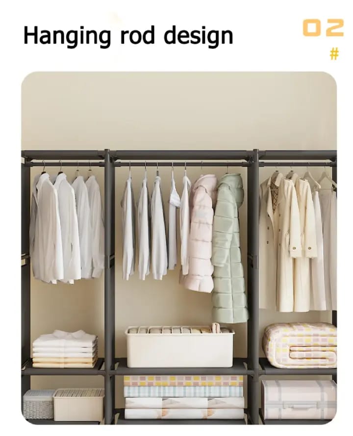 Jaza Keja 2 Columns Clothes 16mm Thick Steel Pipe Heavy-Duty Metallic Portable Premium Wardrobe Garment Rack Shoes Hat Integrated Clothes Closet Drying Rack Storage Shelf Home Organizer