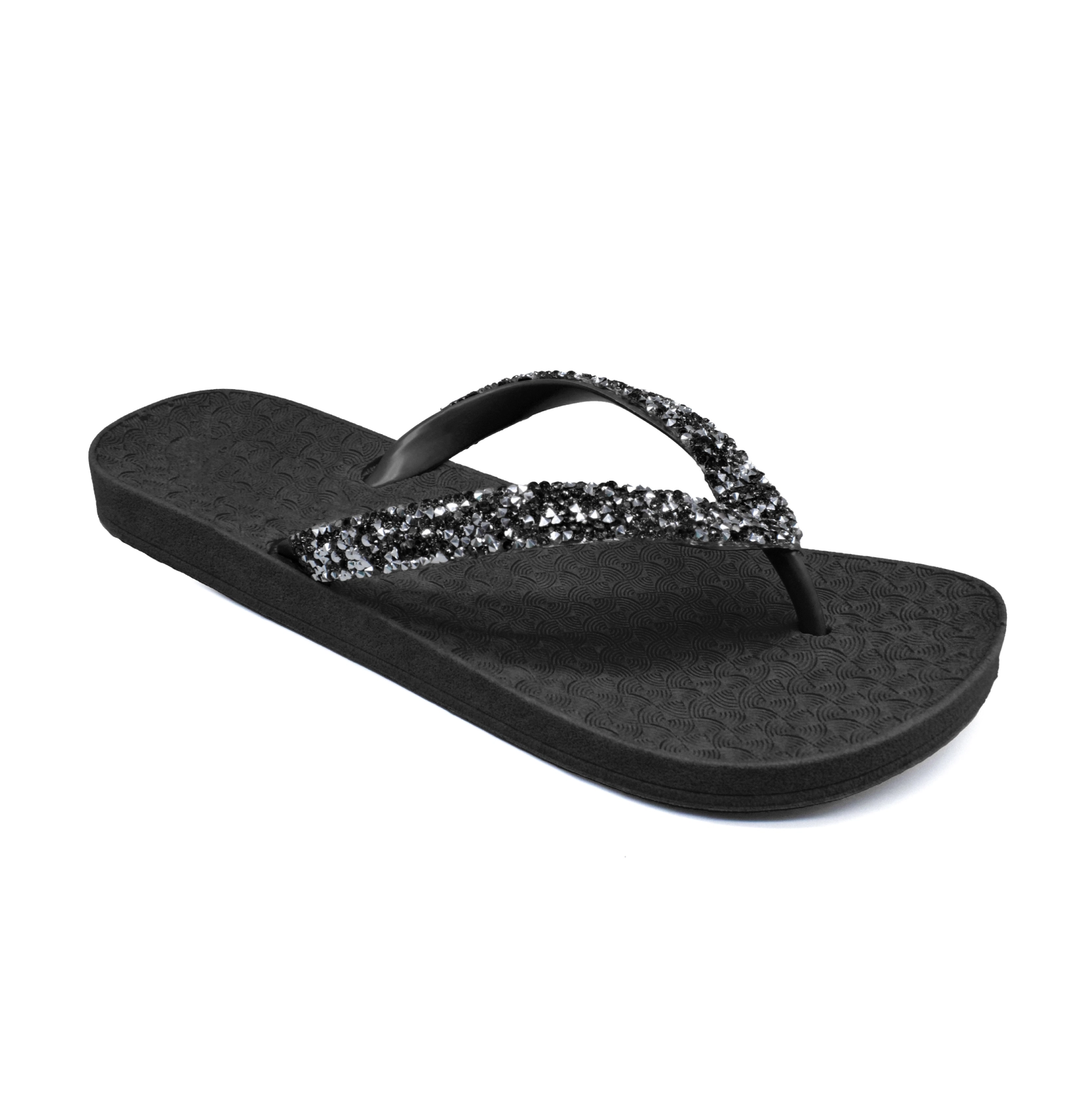 Nima Almasi Sparkle Bliss Flip-Flops – Women’s Black Straps with Silver & White Studs | Comfortable, Stylish & Glamorous Footwear for Beach, Pool, Casual Outings & Vacation