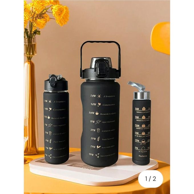 Buy 3 in 1 Black themed motivational water bottles// Mumutan Drinking Bottle Set of 3 2 L 900 ml + 300 ml Leak-Proof BPA Free Plastic Water Bottle with Time Markers, Portable for Camping, Bike, School
