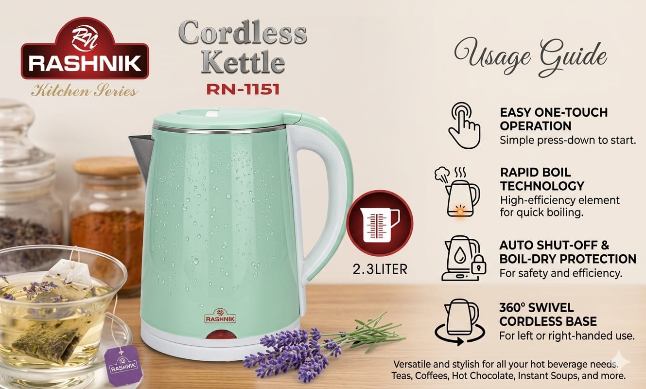 Rashnik Stainless , Plastic Auto 2.3 L Electric Cordless Kettle