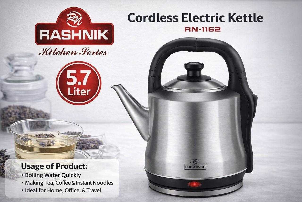 Rashnik RN-1160 Professional 5.7L Electric Kettle - Premium Food-Grade Stainless Steel with 360° Cordless Swivel Base, Cool-Touch Handle, Precision Spout, Boil-Dry Protection and Auto Shut-Off kettle