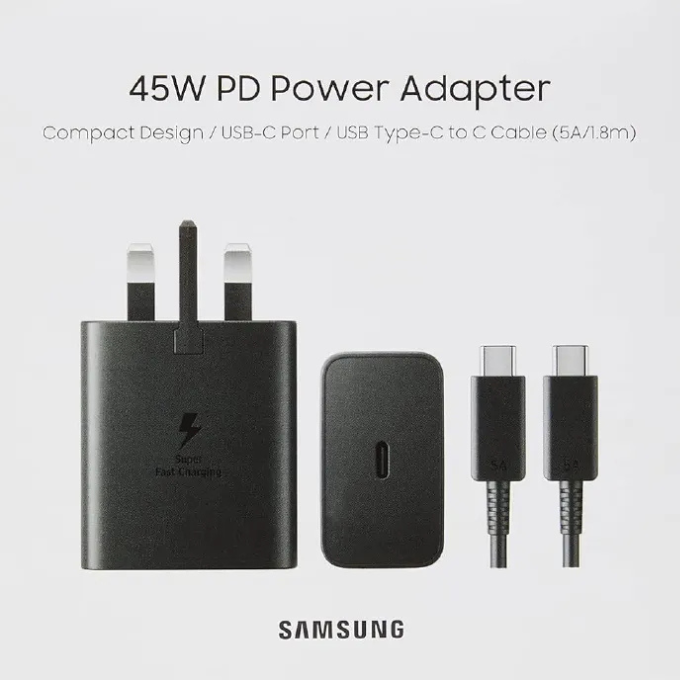 Samsung 45W Super Fast Charging 2.0 3 Pin Wall Charger Adapter with Type-C to Type-C Cable, USB-C PD Fast Charge for Galaxy S Ultra, Note Series & Compatible Devices