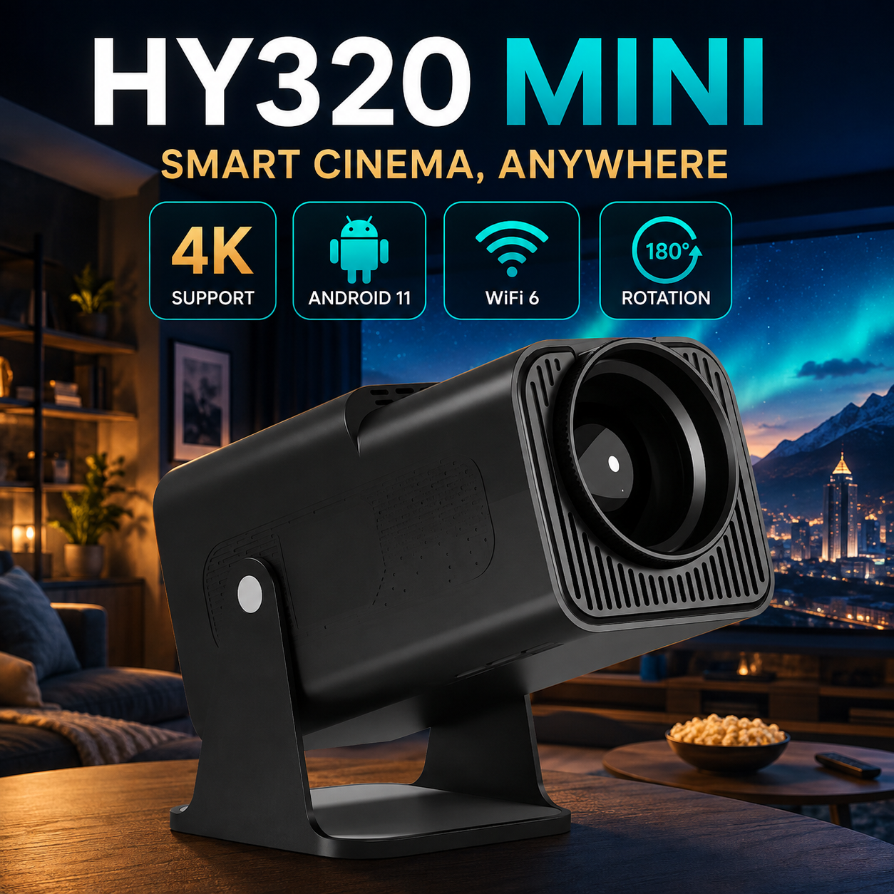 HY320 Mini Smart Projector 1080P HD | Portable LED Video Projector for Home Cinema Movie Night | Android WiFi Projector