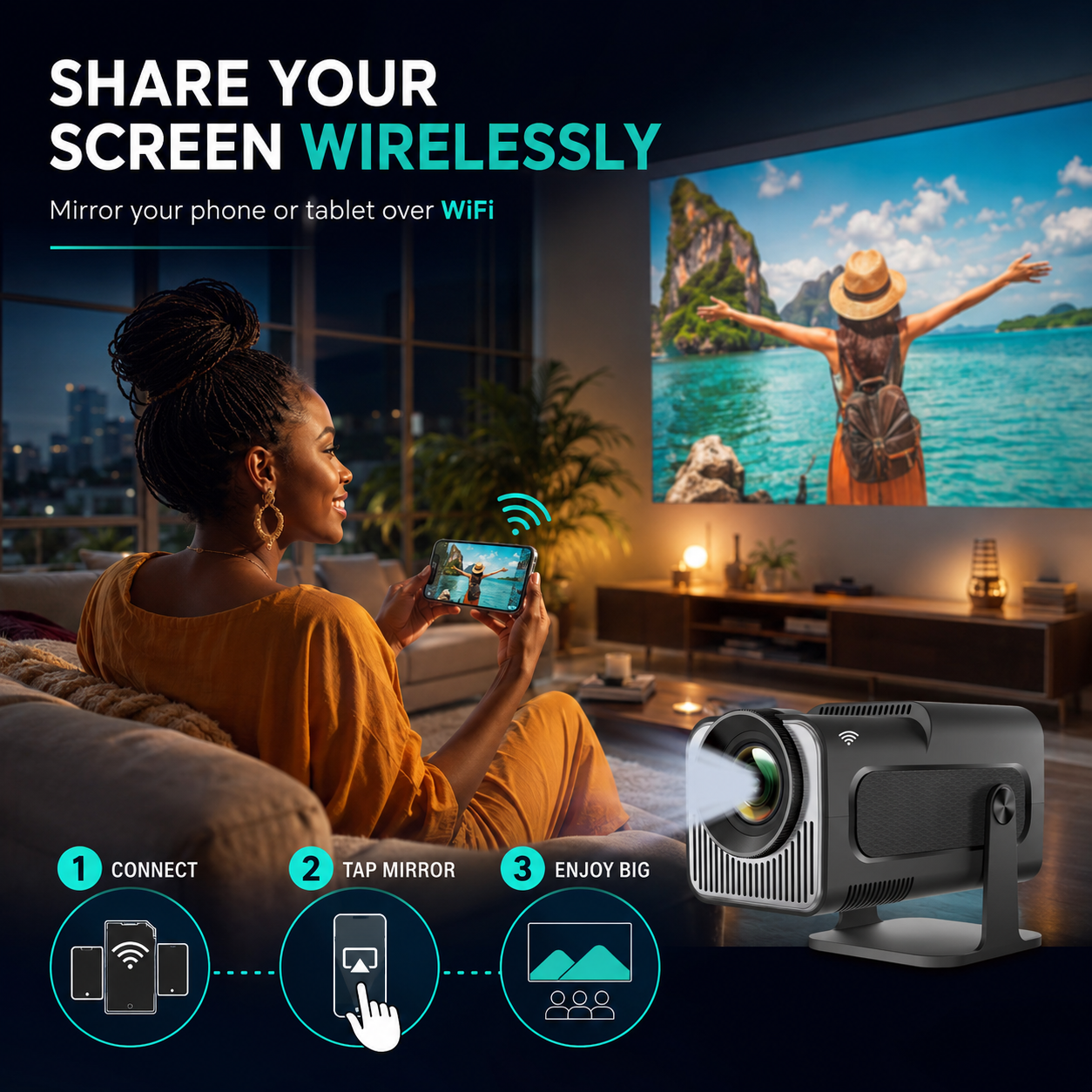 HY320 Mini Smart Projector 1080P HD | Portable LED Video Projector for Home Cinema Movie Night | Android WiFi Projector