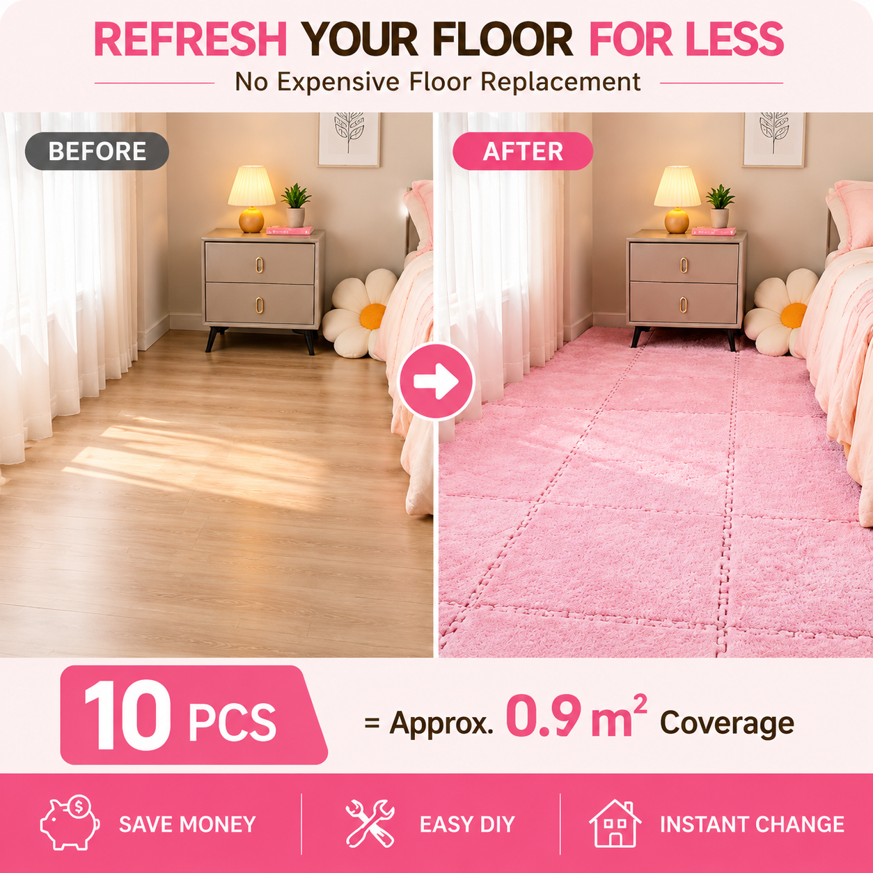 【 10 Pcs 】Plush Interlocking Foam Floor Mat, Warm Soft Fluffy Puzzle Carpet Tiles Anti-Slip for Bedroom Living Room Bedside