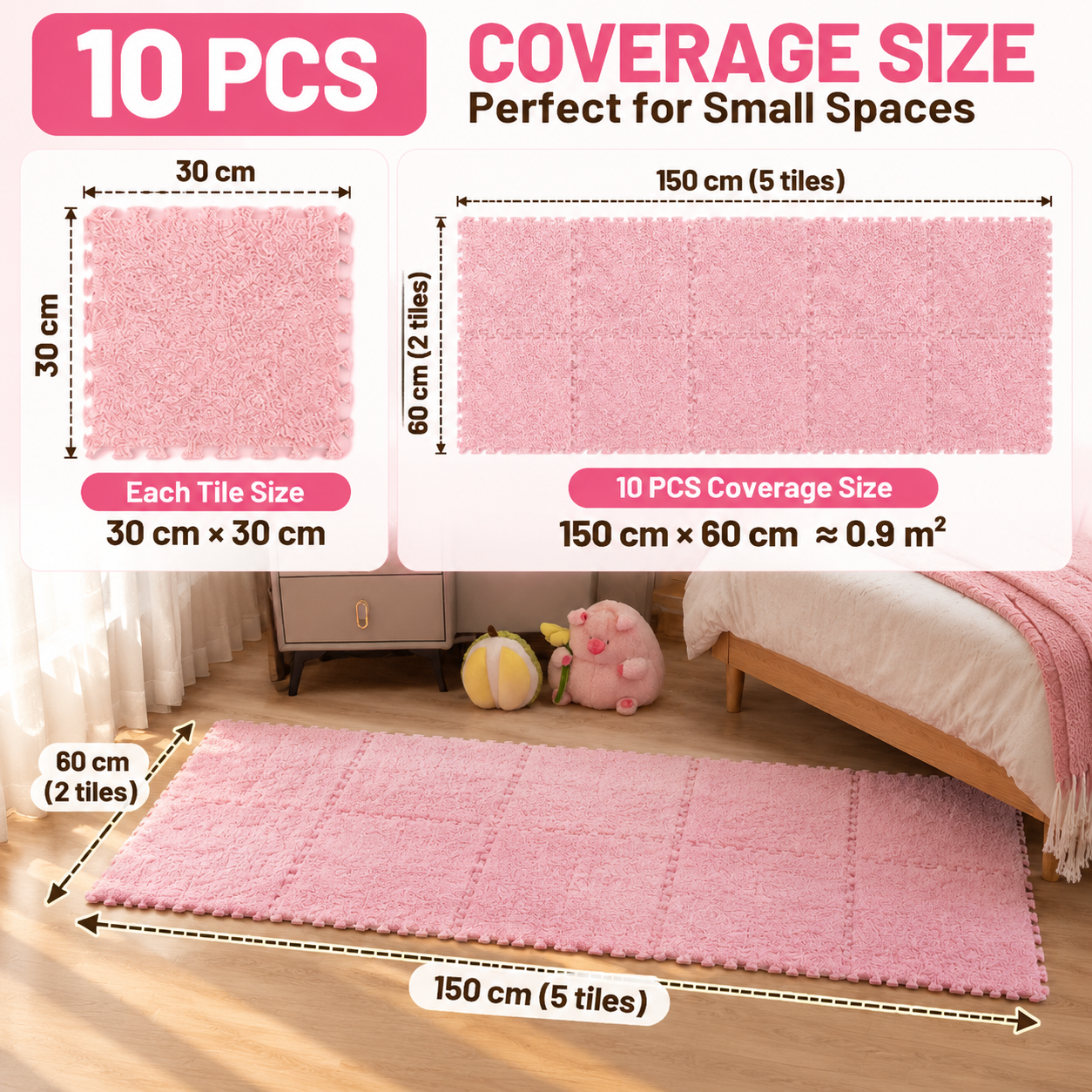 【 10 Pcs 】Plush Interlocking Foam Floor Mat, Warm Soft Fluffy Puzzle Carpet Tiles Anti-Slip for Bedroom Living Room Bedside