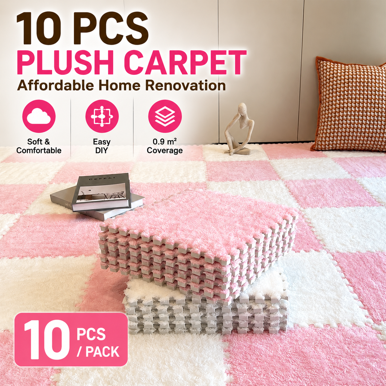 【 10 Pcs 】Plush Interlocking Foam Floor Mat, Warm Soft Fluffy Puzzle Carpet Tiles Anti-Slip for Bedroom Living Room Bedside