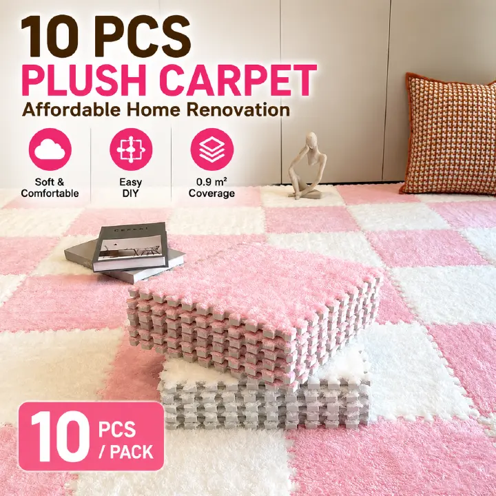 【 10 Pcs 】Plush Interlocking Foam Floor Mat, Warm Soft Fluffy Puzzle Carpet Tiles Anti-Slip for Bedroom Living Room Bedside